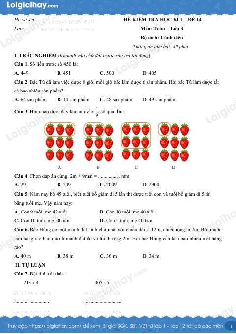 Đề kiểm tra học kì 1 Toán 3 Cánh diều - Đề số 14